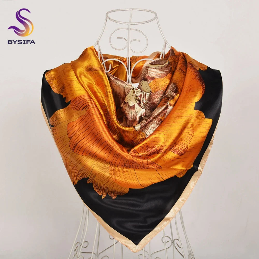 BYSIFA| Fall Winter Elegant Floral Design Scarves Shawls New Green Orange Square Silk Scarf 90*90cm Women Neck Head Scarf Hijab