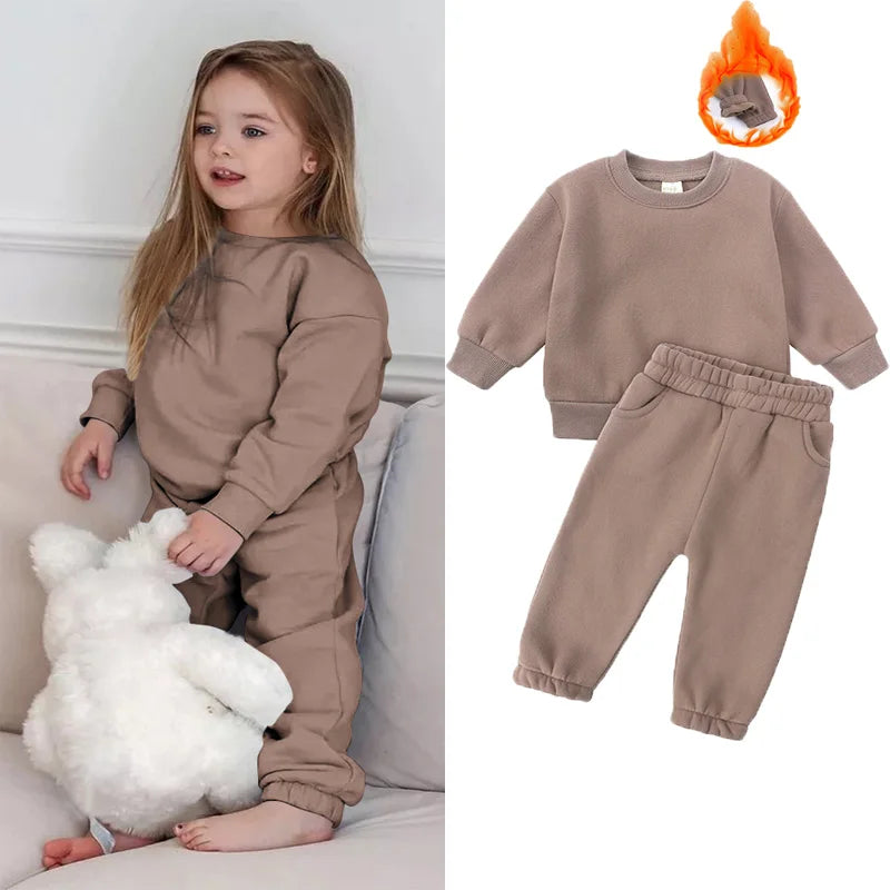 2023 New Arrivals Little Girls Clothing Tracksuit 2 Pieces Set Warm Fleece Plain Top Sweatshirt+Pants Loungewear Suit For Kids