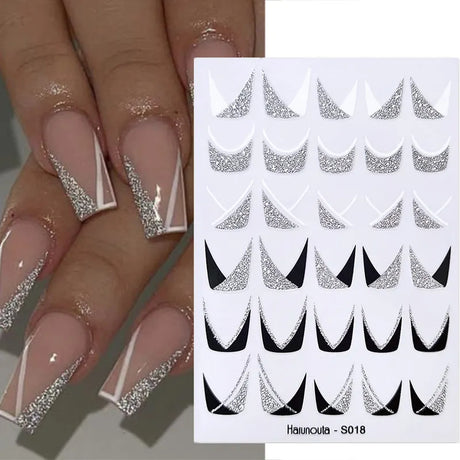 3D Silver Frame Nail Sticker Silver Bronzing Stripe Lines Sliders For Nails Tribal Pattern Decals Marble Blooming Nail Tattoos