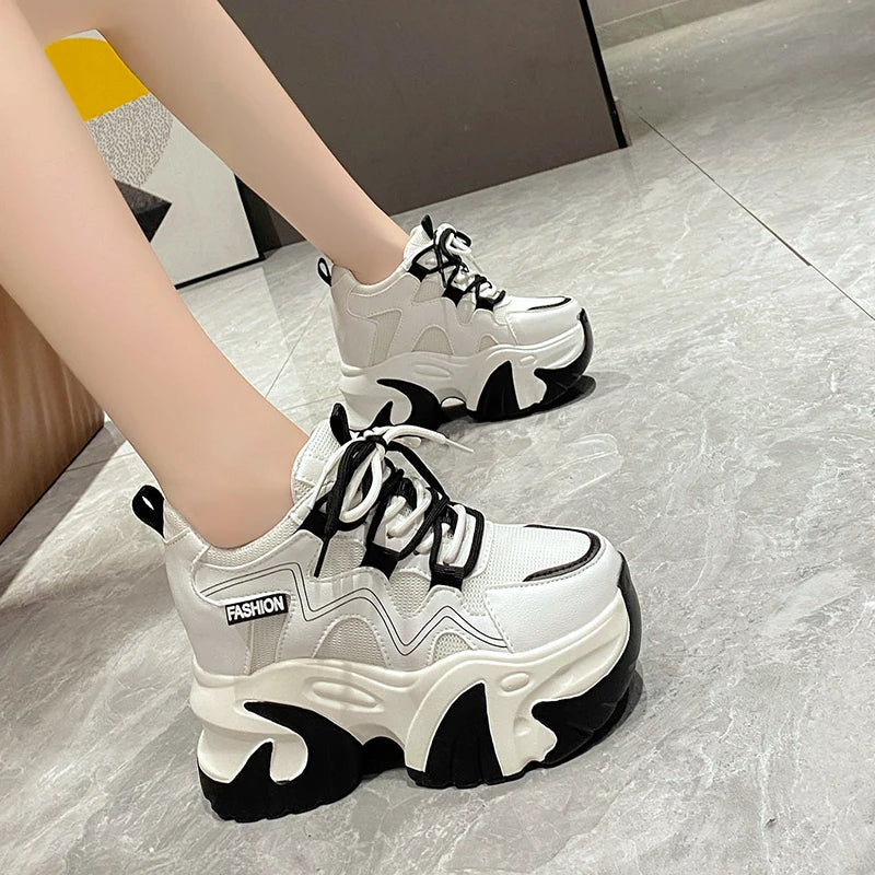 Spring Autumn Women Chunky Sneakers 11CM Hidden Heels Leather Casual Shoes Woman Crystal High Platform Ladies Sports Dad Shoes