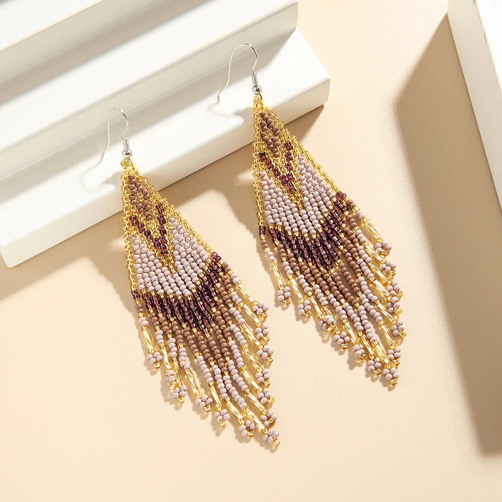 Europe and America Bohemia Women's Jewelry Accessories Geometric Colorful Handmade Beads Long Tassel Beaded Weave Boho Earrings