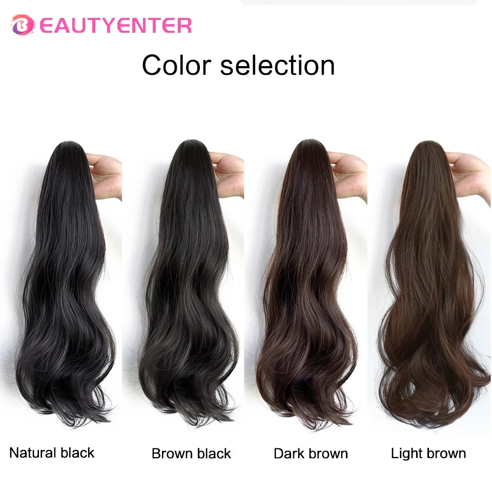 BEAUTYENTER Synthetic Straight Long Wig Hair Ponytail Grab clip Bow Pony Tail For Woman Fake Hairpiece For Black Women