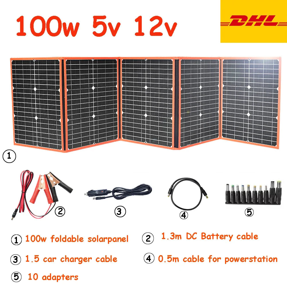 100w Foldable solar panel portable solar charger 12v battery power station 5v usb mobile phone power bank laptop camper hiking