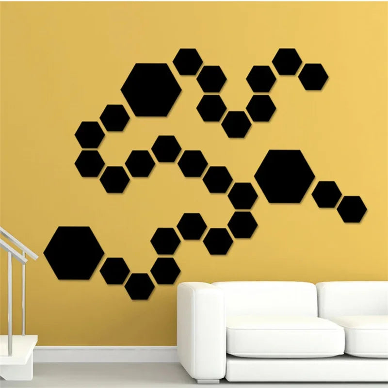 Ornaments 3D Mirror Wall Mirror Stickers Hexagon Art Shape Acrylic Decoration Home Removable Wall Sticker Decal DIY