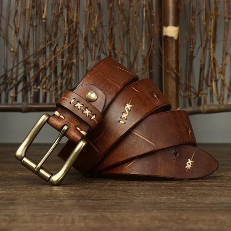 3.8CM Men High Quality Genuine Leather Belt Luxury Designer Brass Pin Buckle Belts Pure Cowskin Vintage Strap Male Jeans for Man