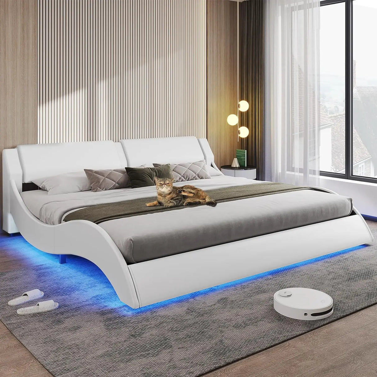 Bed Frame, Large with Headboard, Modern Upholstered Platform, LED Bed Frame, With LED Lights, Wavy Curve,Large Thin Platform Bed