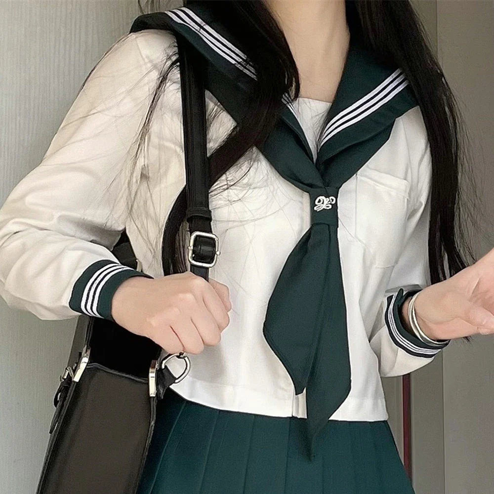 Japanese School Girl Uniform XS-XL JK Green Sailor Basic Cartoon Three Lines Sailor Uniform Sets Navy Costume Women Girl Costume