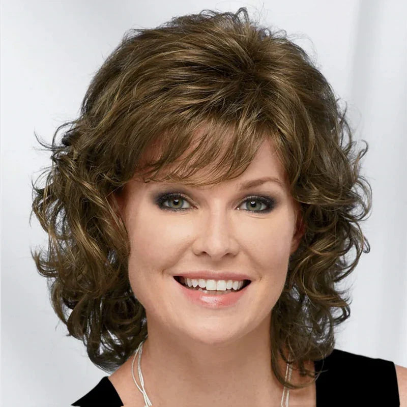 HAIRJOY Women Synthetic Hair Wigs Short Curly with Bangs  Shoulder Length Brown Blonde Grey White Wig