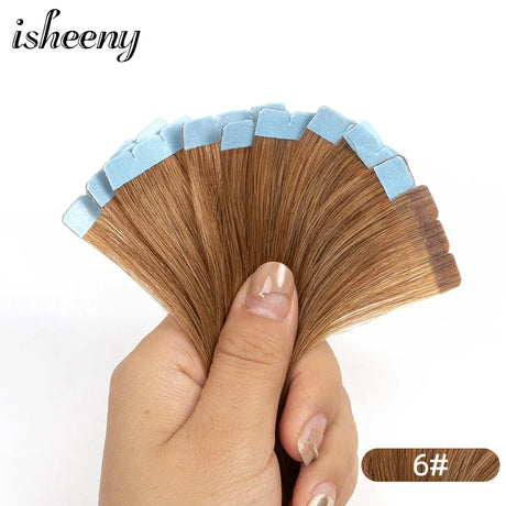 Isheeny Mini Tape Hair Extensions 12"-24" Machine Remy Skin Weft Adhesive Tape In Human Hair Natural Black Brown Blonde Tape On