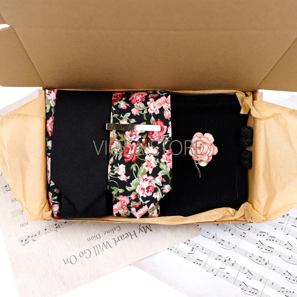 Viola Design Gift Box Hot Solid Floral Cotton Sock Necktie Set Clip Cufflinks Pin Hanky Men Wedding Party Daily Cravat Accessory