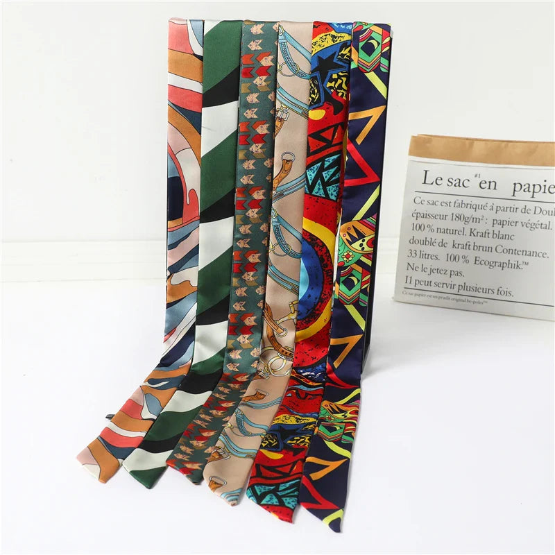 Long Silk Skinny Scarf Women Neck Hair Band Solid Printed Foulard Neckerchief Hairscarf Female Fashion  Handle Ties Ribbon