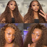 13x4 Chocolate Brown Lace Front Wig Deep Wave Frontal Wig Glueless Preplucked Human Wigs Ready to Go Colored Curly Human Hair