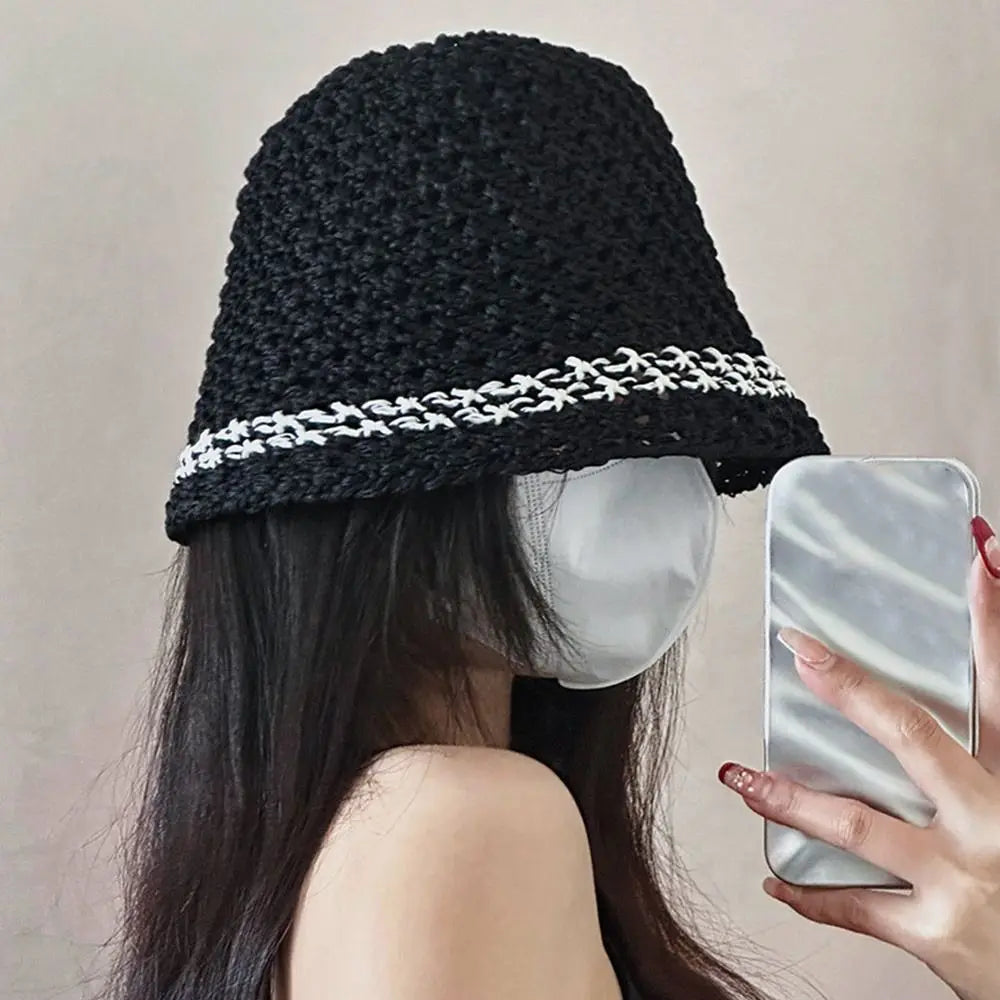 Fisherman's Hat Summer Fashion Ladies Paper Straw Bucket Hat Breathable Crochet Beach Cap Wide Brim Sun Cap