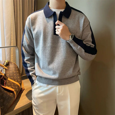 Autumn Winter KPOP Fashion Style Harajuku Slim Fit Ropa Hombre Loose Casual All Match T-shirts Patchwork Long Sleeve POLO Shirt