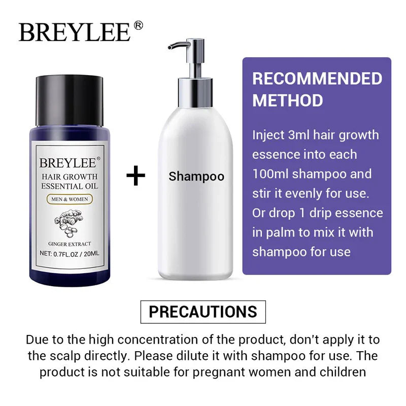 BREYLEE Ginger Hair Growth Essential Oil Prevent Hair Loss Treatment Scalp Fast Growing Repair Dry Damaged Hair Care Product