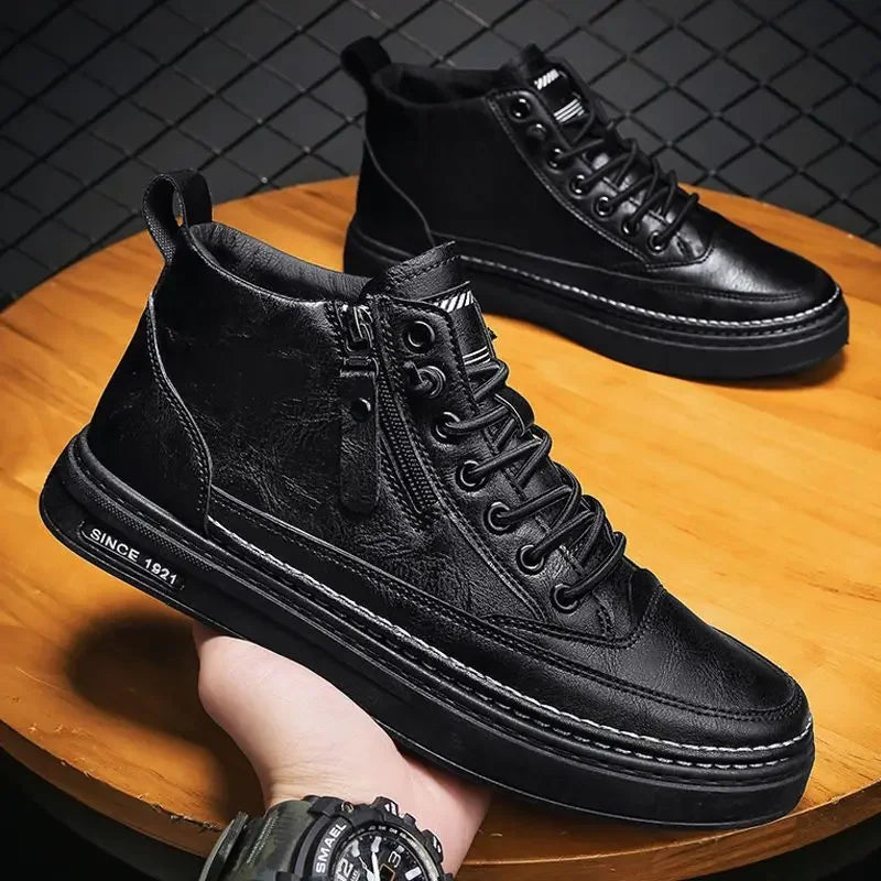 Leather Men's shoes 2023 Winter Platform Warm Fur Ankle Short Lace Up Fashion Novelty Concise Casual Work Shoes Botas