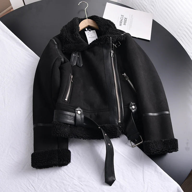 Winter Women Faux Shearling Sheepskin Leather Jackets Outwear Thick Parka Warm Suede Lamb Fur Jacket Short Motorcycle Biker Coat