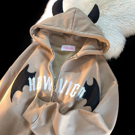 Y2K Zip up Hoodie Harajuku Bat Animation Flocking Hip Hop Streetwear Goth Men Sweatshirt Couple Street Fashion Trend Hoodie Tops