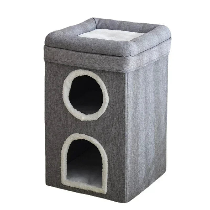 Foldable Cat House with Scratch Pad, Hideaway Condo for Kitty, Hut Covered Kitten Bed, Pet Furniture, 2 Level