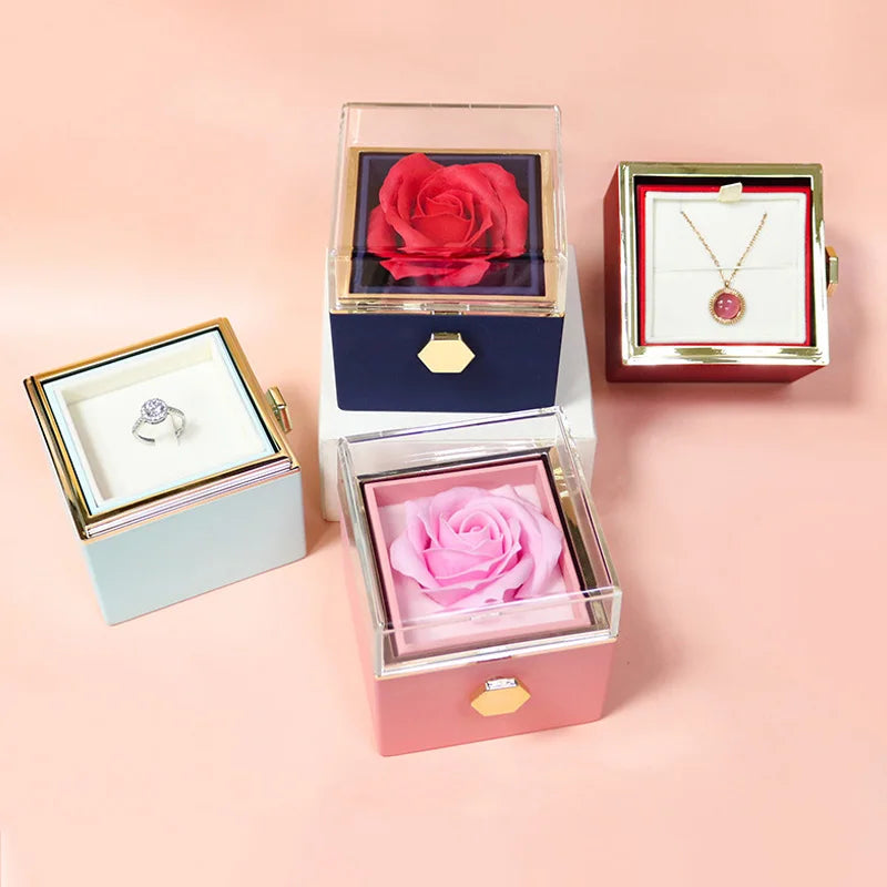 New Rotation Rose Jewelry Gift Box Valentine's Day Marriage Acrylic Ring Boxes Necklace Storage Rose Jewelry Display Rack