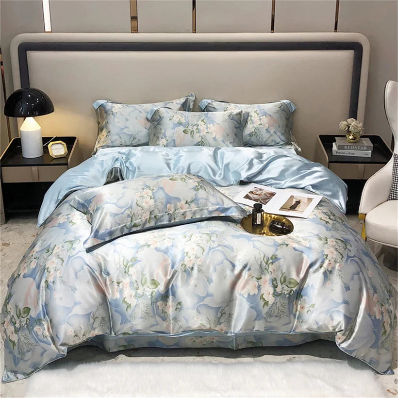 Mulberry Silk 4 Pieces Comforter Bedding Set, 1PC Duvet Cover, 1PC Bed Sheet, 2PCS Pillowcases, Luxury Home Textiles Bedclothes