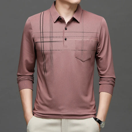 Spring Autumn Striped Business Polo Shirt Men's Long Sleeve Pullover T Shirt Turn-down Collar Tops