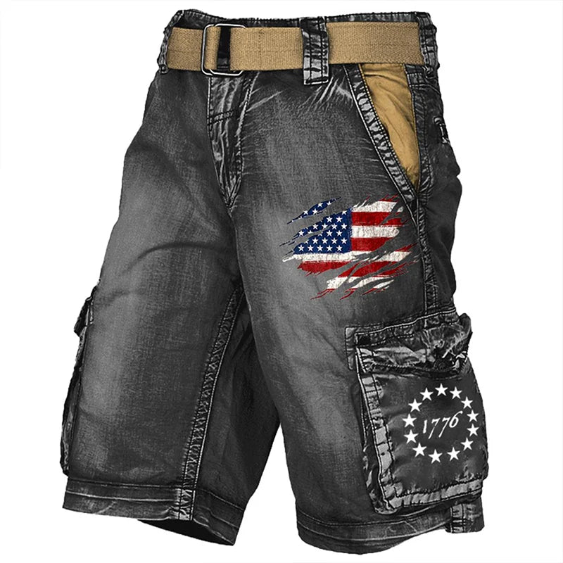 Men's Retro American Flag 1776 Print Washed Tooling Capris Shorts Denim Pockets Gothic Punk Men's Shorts for Summer Jeans