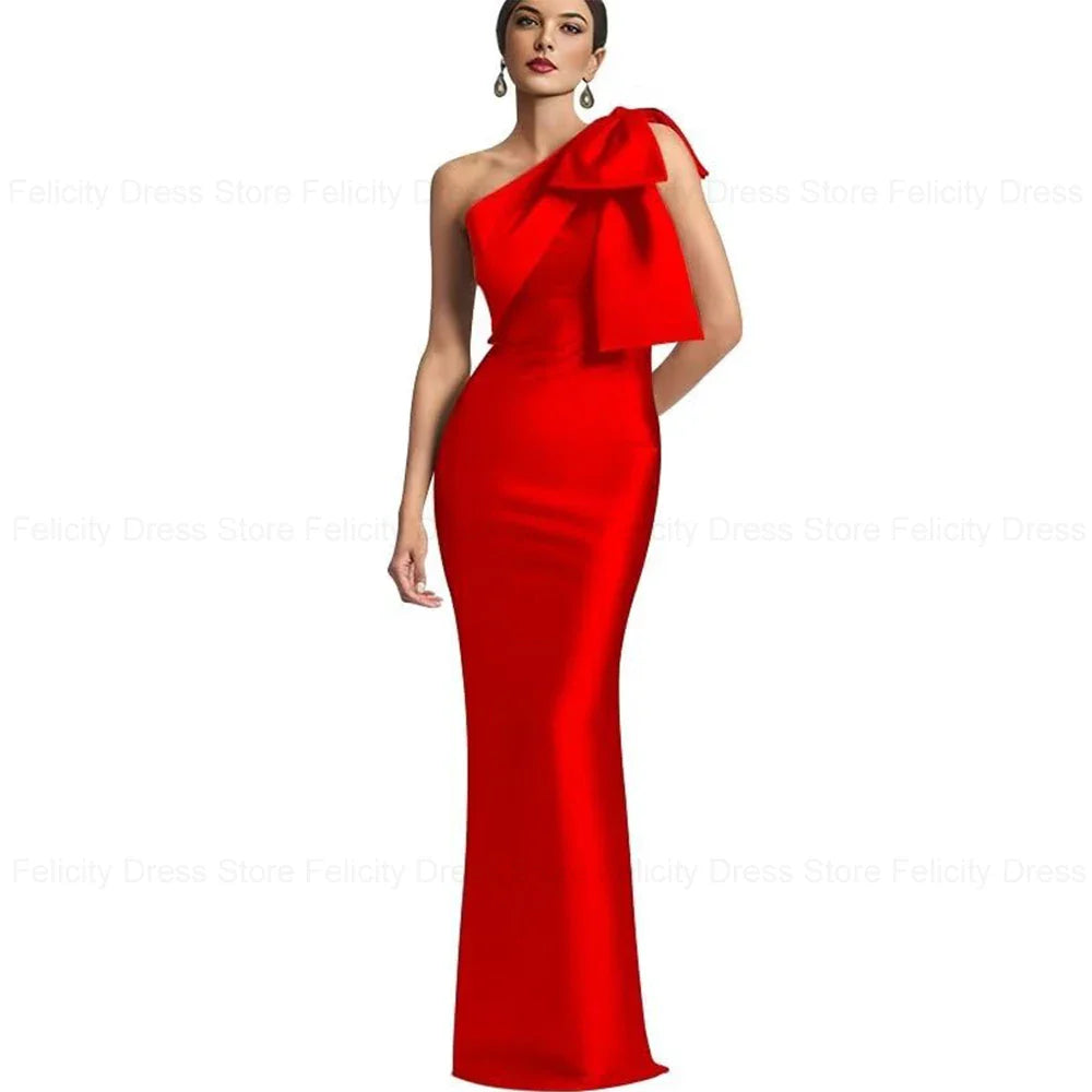 Exquisite Mother of the Bride Dresses 2023 Sheath One-Shoulder Satin Bow Floor-Length Wedding Guest Dresses فستان حفلات الزفاف