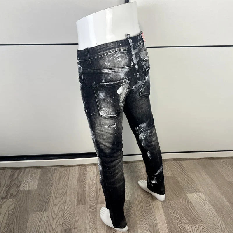 High Street Fashion Men Jeans Retro Black Gray Elastic Slim Fit Ripped Jeans Men Painted Designer Hip Hop Brand Pants Hombre