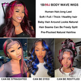 1B/99J Burgundy Transparent Lace Front Human Hair Wig Red Highlight 13x4 Pre Plucked Colored Body Wave 13x6 HD Lace Frontal Wigs