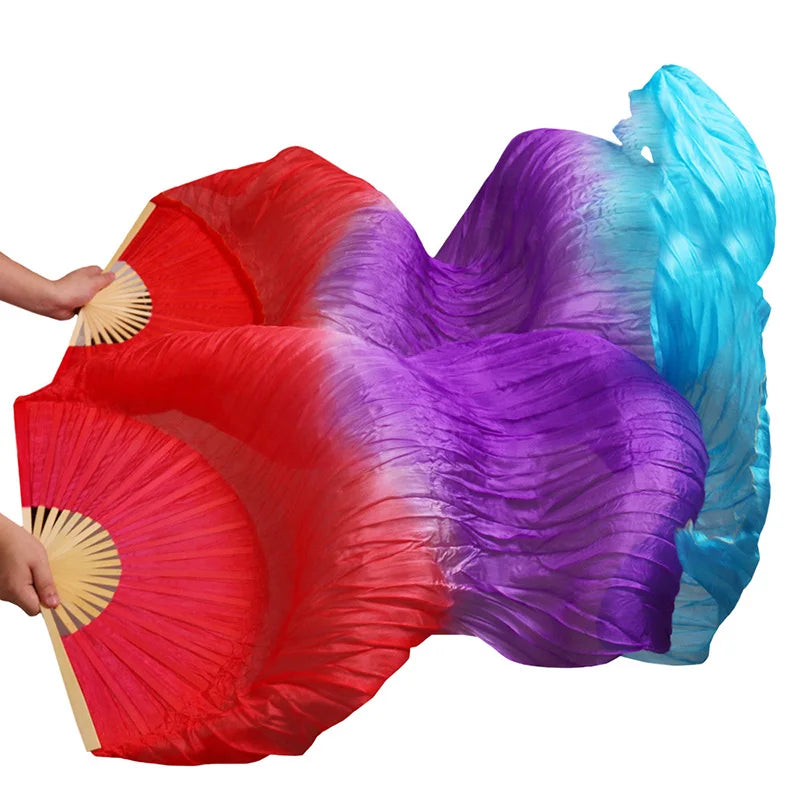 Belly Dance Fan 100% Real Silk Veils 1pc Left hand+1pc right hand Bamboo Handmade Dyed color Performance Practice Dancing Fans