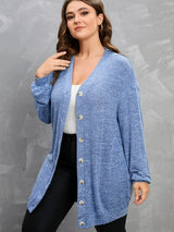 Plus Size Casual Cardigan, Women's Plus Heathered Button Up Long Sleeve Cardigan