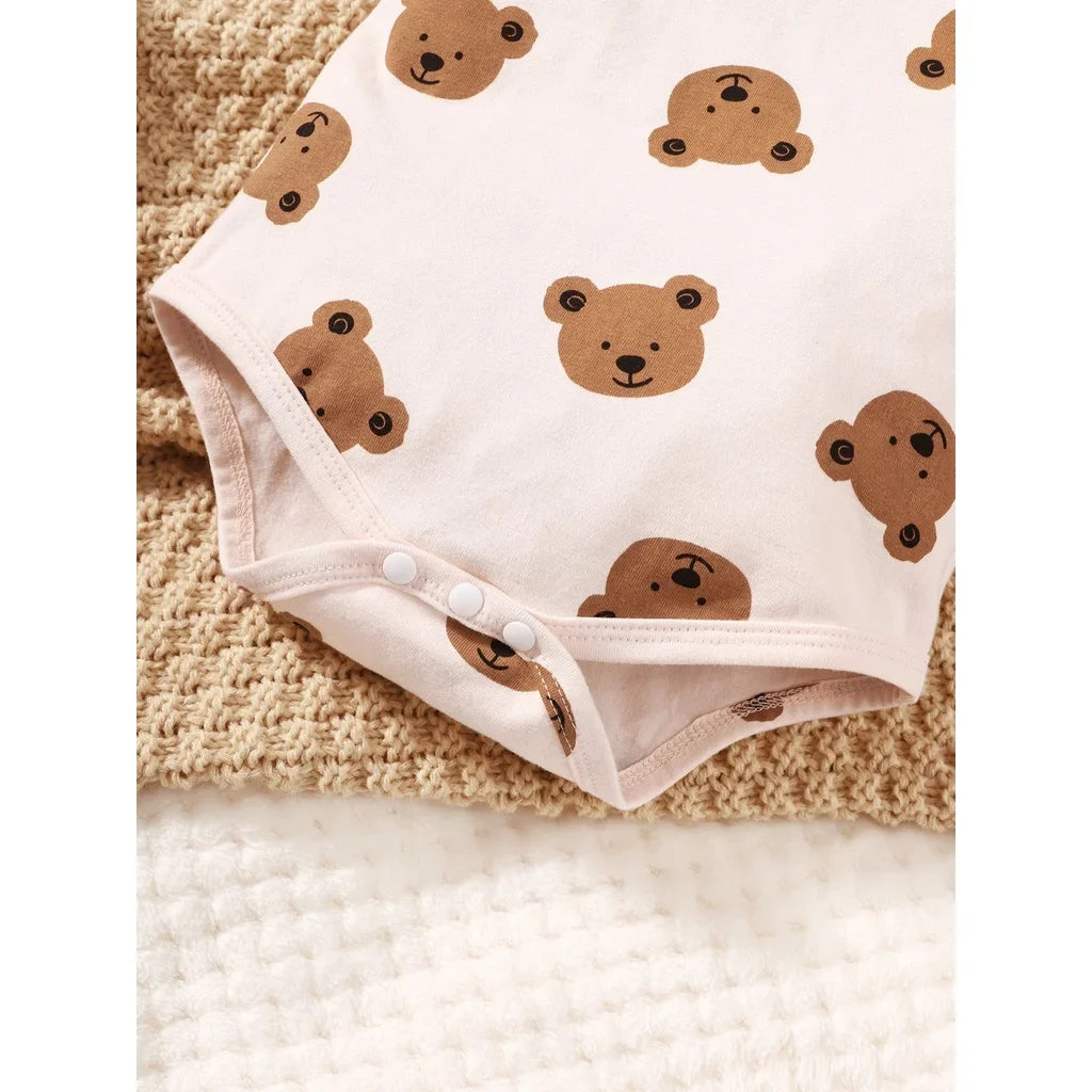 0-9 Months Newborn Baby Boy 4PCS Clothing Set Bear Print Short Sleeve Bodysuit+Pants+Hat+Sock Cute Baby Photograph Outfit