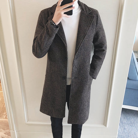 Men's Fashion Warm Casual Windbreaker Long Coat 2023 New Autumn/Winter Solid Color Woolen Coat Slim Fit Long Windbreaker Coat