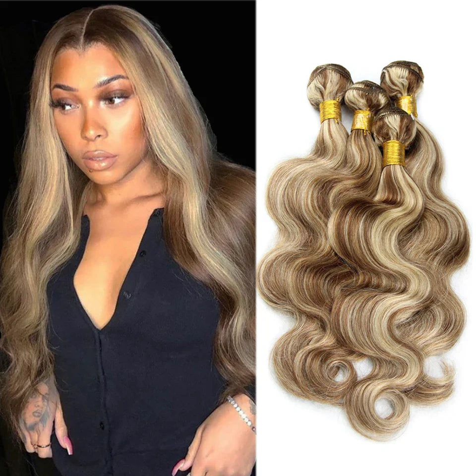 Piano Color P4/613 Highlight Bundles And Closure Remy Body Wave Ash Blonde Colored Human Hair Weave With Highlights 3 Bundles