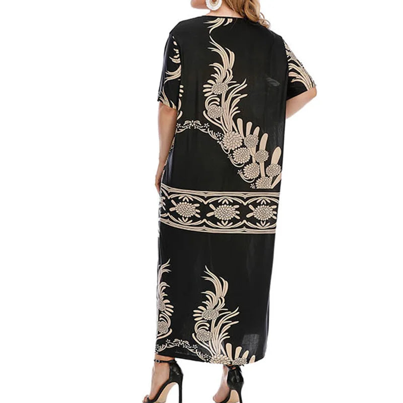 Prairie Chic bronzing Geometric Printing Loose Summer Plus Size Women's Clothing Round Neck 3/4 Sleeve Women's Long Dresses