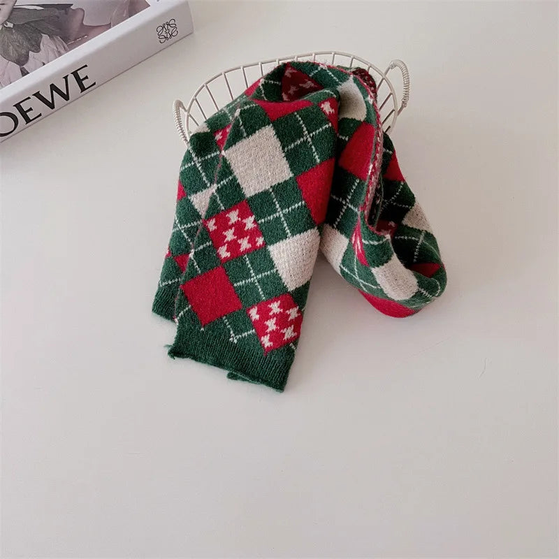 deer jonmi Korean Style New Winter Children Knitted Scarves Plaid Printed Retro All-match Toddlers Kids Warm Shawl