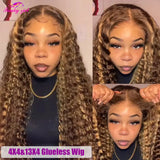 Transparent Highlight Curly Human Hair Wigs For Women 13X4 Lace Frontal Wig 4/27 Ombre Mongolian Lace Closure Wig Remy Hair