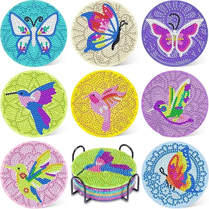 8Pcs DIY Diamonds Painting Coaster Animal Flower Non-slip Anime Art Mosaic Cup Cushion with Rack Rhinestones Paintings Decor