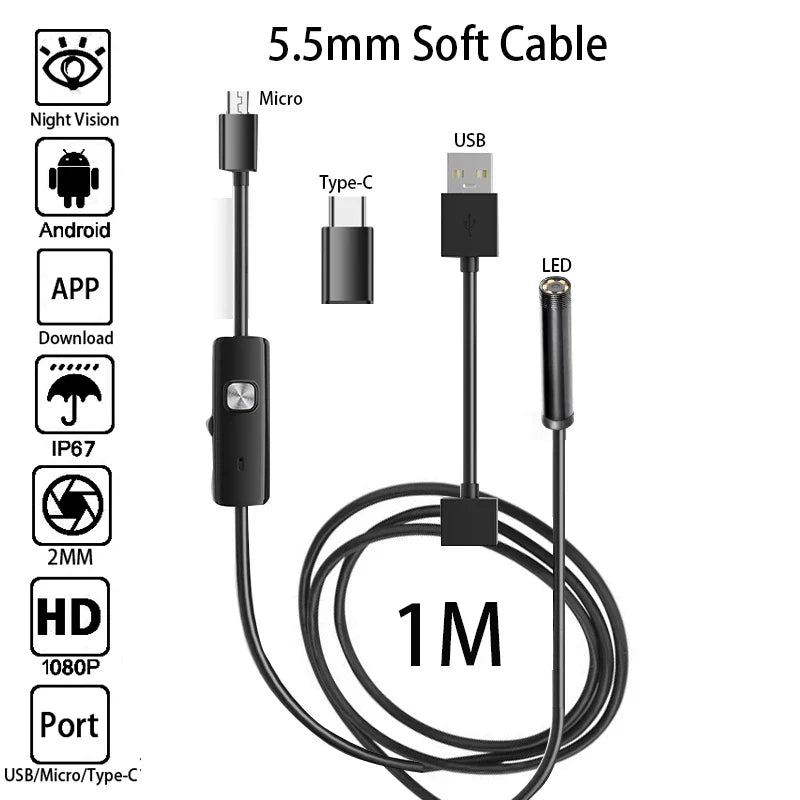 5.5 MM IP67 Waterproof Endoscope Camera 6 LEDs Adjustable USB Android Flexible Inspection Borescope Cameras for Phone PC