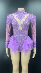 Sparkly Rhinestones Bodysuit Women Elastic Purple Mesh Ruffles Crystal Leotard Nightclub Dancer Costume Stage Wear Party Outfit