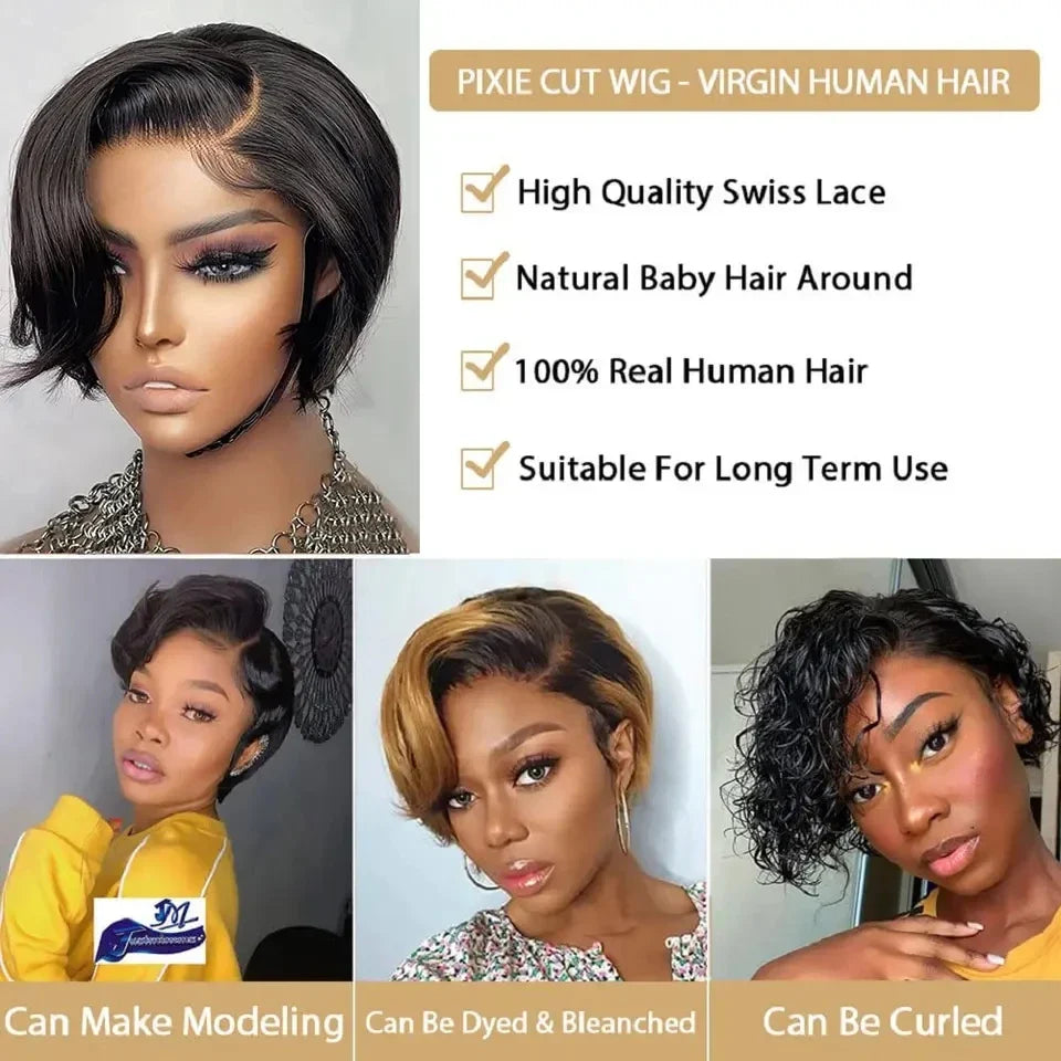 Pixie Cut Wig Transparent Lace Human Hair Wigs for Women Straight Short Bob Wig T Part Lace Wig Preplucked Brazilian Human Hair