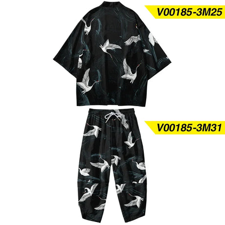 Two-piece Suit Plus Size S-6XL Loose Japanese Cardigan Women Men Cosplay Yukata Clothing Harajuku Samurai Kimono + Pants Sets