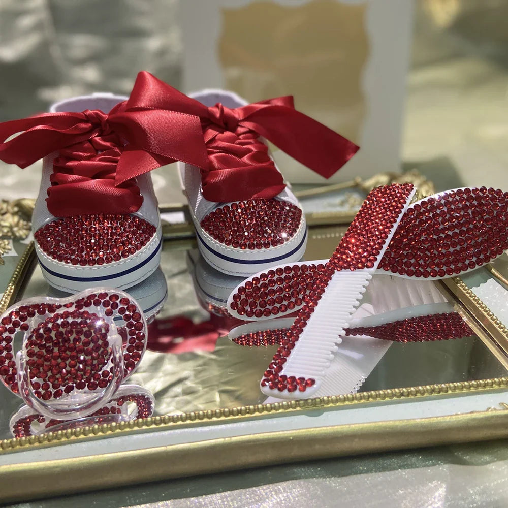 Dollbling Luxury Baby Bottles and Shoes Headband Set Keepsake Diamond Tutu Outfit Red Bottom Little Girl Baptism Shoes