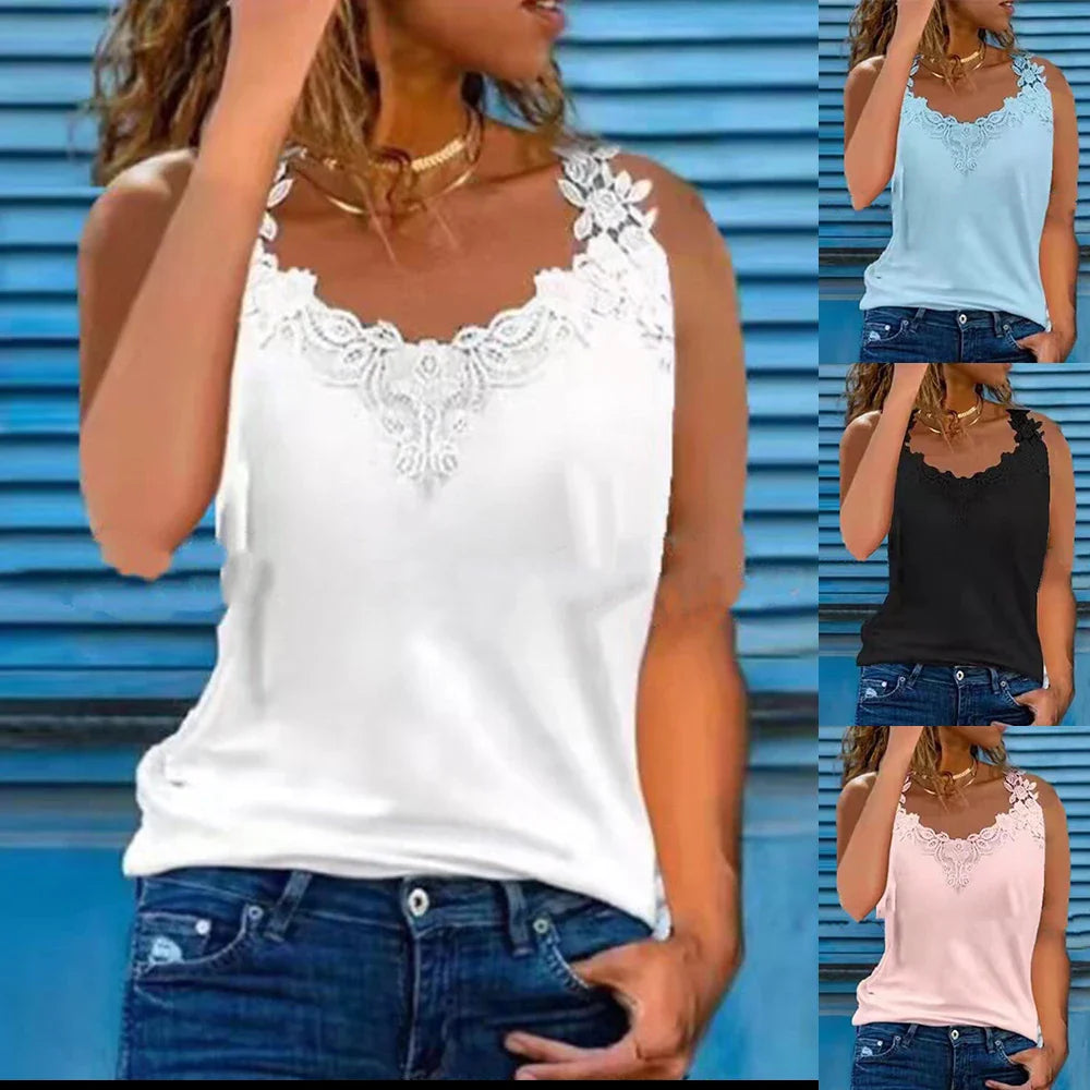 Plus Size Oversized Womens Lace V Neck Tank Tops Ladies Summer Sleeveless Casual Loose Camisole Vest T-Shirt Clothing For Female