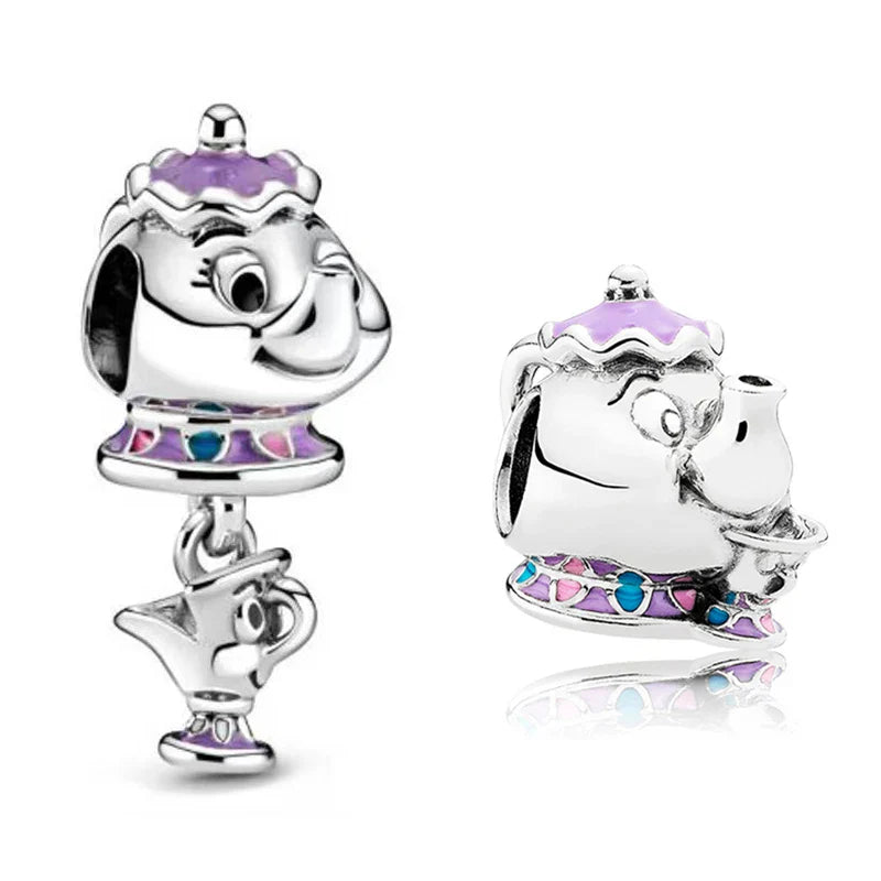 Fit Pandora Beauty and The Beast Charms Bracelet Kid Disney Purple Mrs. Potts Teapot Beads DIY Bijoux for Women Chip Cup Pendant