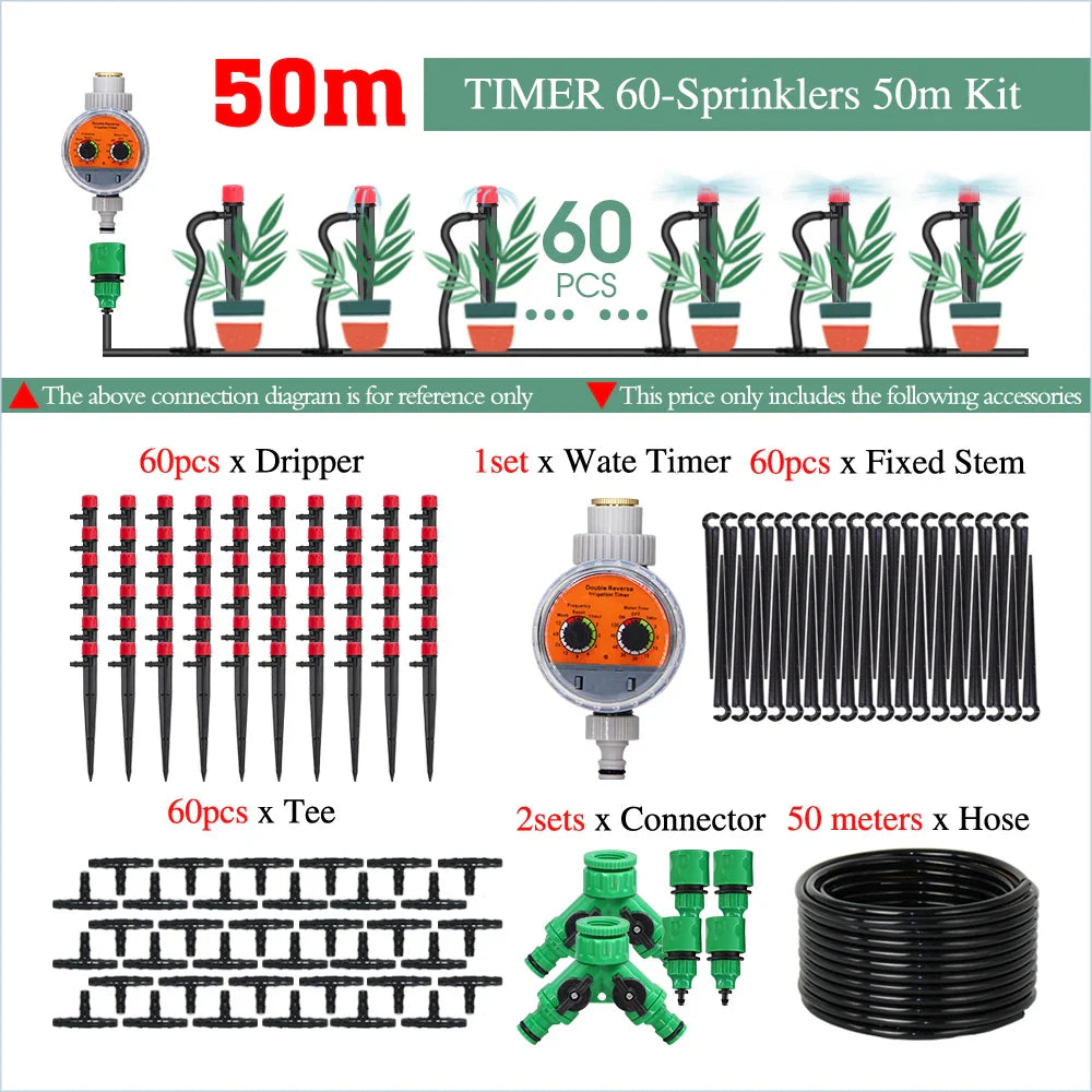 50-5M Garden 13cm Sprinkler Drip Wateing Systems Smart Timer 1/4“ Hose Automatic Irrigation Equipment for Greenhouse Bonsai Yard