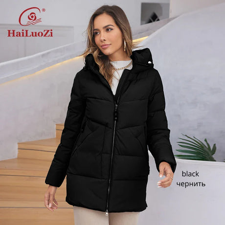 HaiLuoZi 2023 New Women's Jacket Short Warm Hooded Female Winter Outwear Classic Brand Zipper Design Big Pockets Women Coat 9910