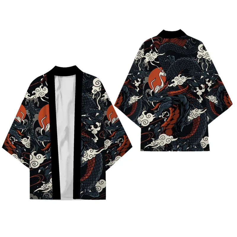 Black Kimono Cardigan Women Men Japanese Obi Male Yukata Men's Haori Chinese Dragon Print Coat Traditional Japan Clothing