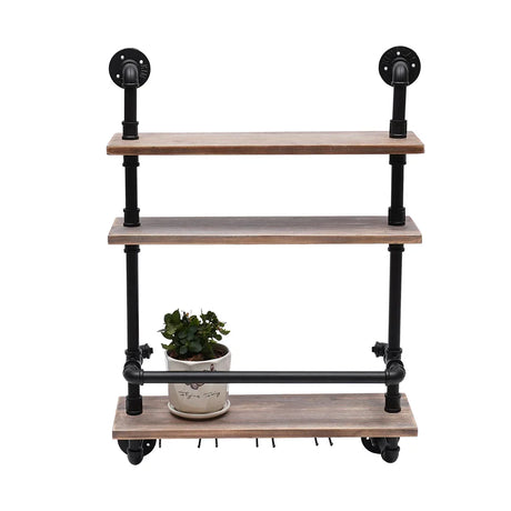 Industrial Pipe Shelf Wine Rack Wall Mounted with Stem Glass Holder 3-Tiers Rustic Floating Bar Shelves Wine Shelf Bar Cabinet